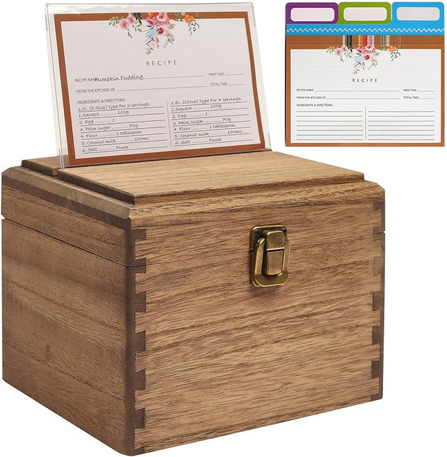 KIRIGEN 레시피 박스 수납 박스 카드 포함 - 빈 레시피 박스 목재 세트 4×6인치 레시피 카드 100장 칸막이 Z1 TQ-CPH-DBR (브라운)