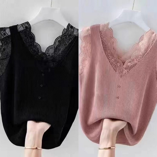 ROYALBELLE (1+1)2장묶음 여성 브이넥 레이스 민소매 탱크탑 스트라이프 루즈핏 나시 D0040916