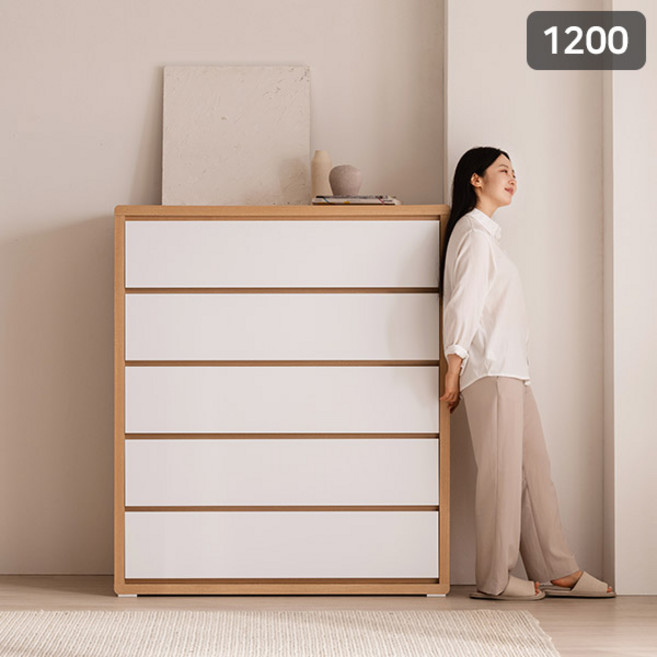 [삼익가구]빅라지 1200 5단 광폭 초대형 서랍장, 화이트+오크