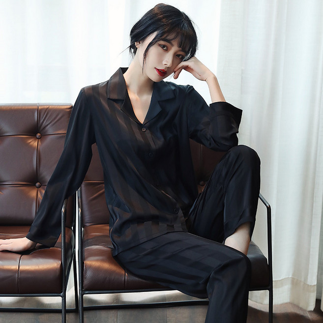 DFMEI 睡衣女小紅書同款春秋款長袖開衫感仿真絲家居服兩件套裝