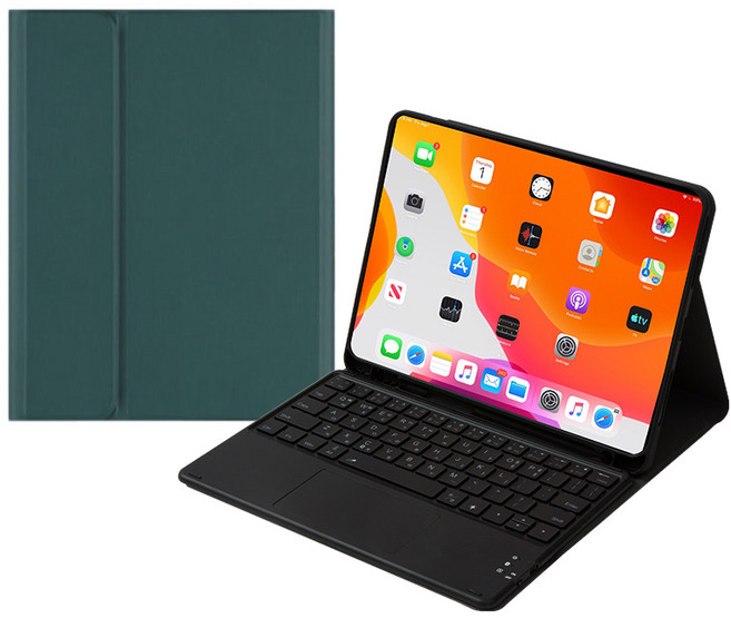 CSHINE 아이패드 애플펜슬 수납 led터치패드 트랙패드 블루투스 키보드 케이스, 다크그린콤비