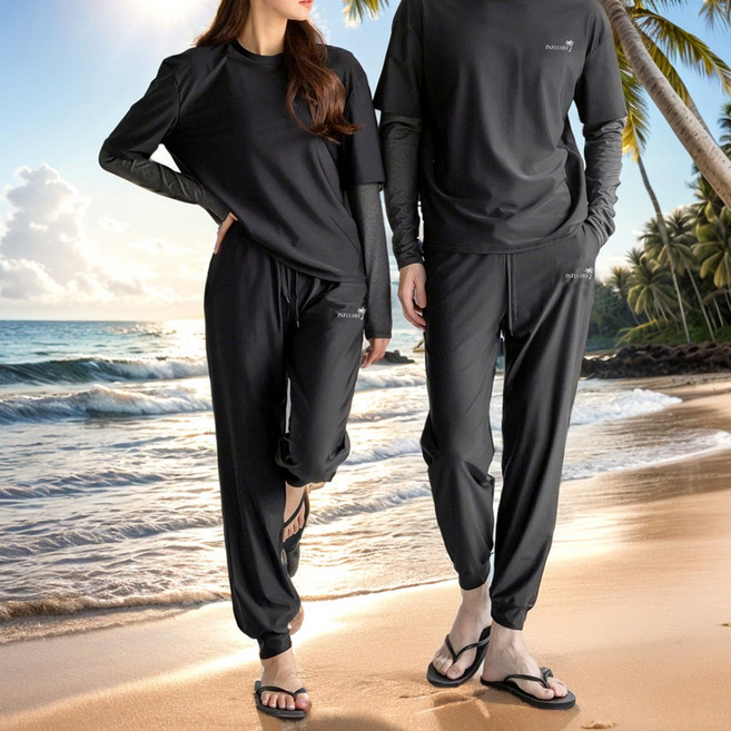 인플리에 올블랙 커플 래쉬가드 상하의 풀세트 긴팔 수영복, 블랙, 남자