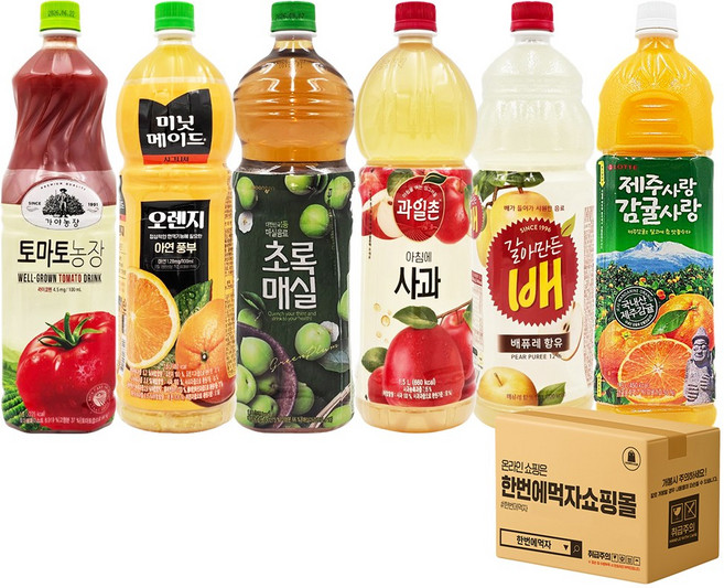 [한번에먹자] 과즙음료 1.5L 6종 혼합세트 ( 가야 토마토농장 + 미닛메이드 오렌지 + 웅진 초록매실 + 과일촌 아침에사과 + 갈아만든배 + 델몬트 제주감귤 ) 가정용 사무실, 6개