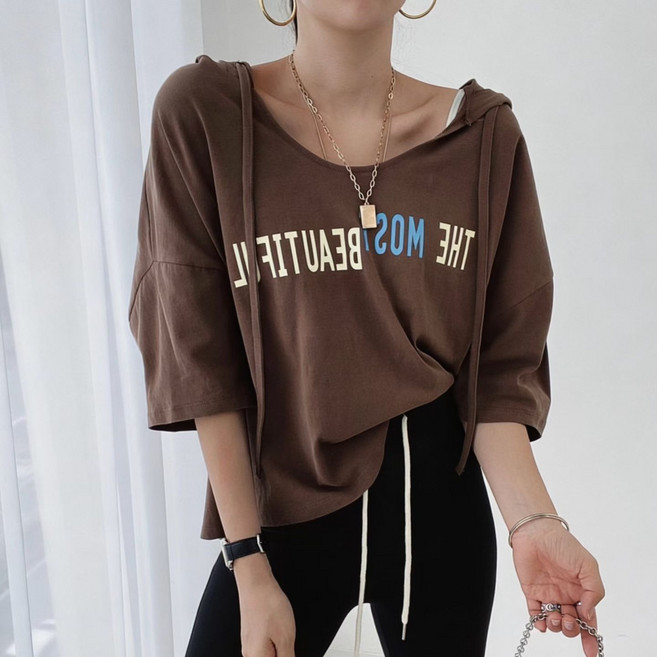 루스리더 여성 알파벳 반소매 캐주얼 유니크 후드 티셔츠 M987