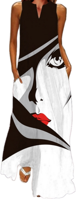 유럽 프린트 롱원피스 여자 얼굴 패션쇼 특이한 섹시한 롱 스커트 드레스 5xl 빅사이즈