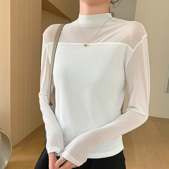 반고리 레이스 이중 메쉬 바닥 셔츠 여성 긴팔 티셔츠 검정 상의 여성 섹시해요