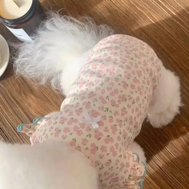 애견 꽃무늬 프릴 소매 티셔츠 실내복, 1개, 핑크