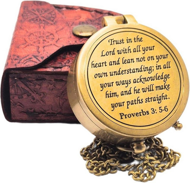 빈티지 황동 포켓 나침반 - 뚜껑이 있는 앤티크 내비게이션 나침반 남성 탐험가 또는 등산객을 위한 수제 해양 선물 (Trust in The Lord), Trust In The Lord