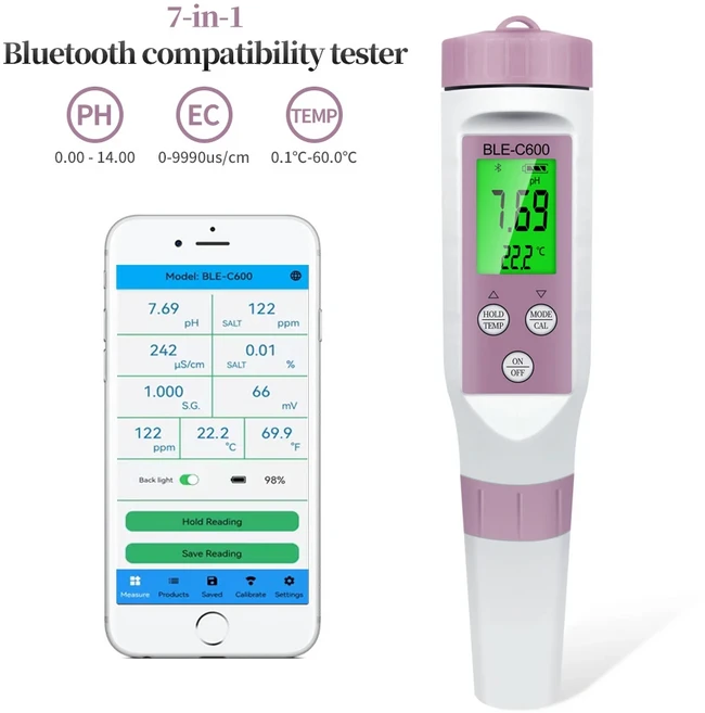 블루투스 디지털 7 in 1 pH 측정기 PH/TDS/EC/ORP/염분도/SG/TEMP 수질 모니터 테스터 수족관, 01 bluetooth ph meter