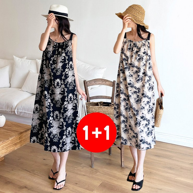 마쿠쿠 1+1 세트 곱창 밴딩 나시 민소매 프린팅 플라워 플로럴 여성 쉬폰 원피스 휴양지 바캉스