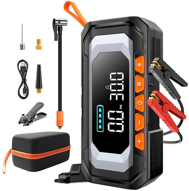 NICESUN 6in1 차량용 점프스타터+에어펌프+스마트 점프 케이블+12V 긴급 시동 점프스타터+16000mAh 대용량 보조배터리+LED 조명 휴대용 멀티 응급 키트, 1개, 1개입