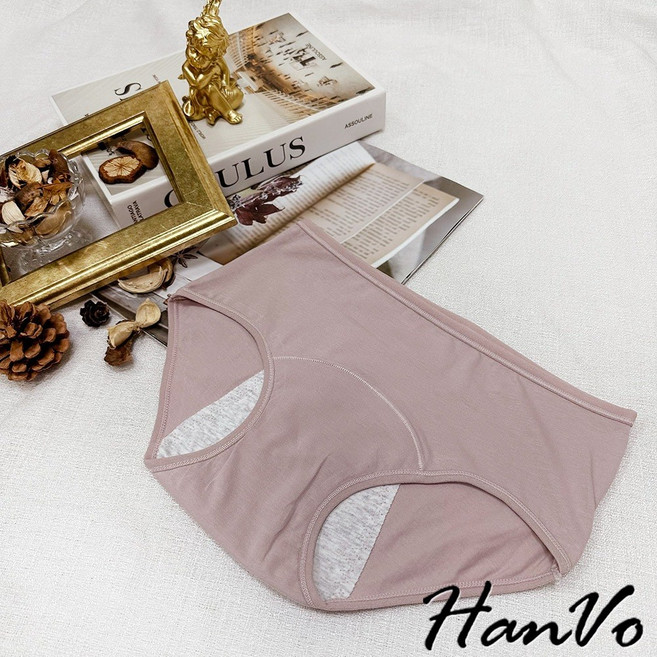 HanVo 簡約素色純棉生理褲 吸濕排汗防漏中腰內褲 獨立包裝透氣女內褲 A11-5898, 迷霧粉
