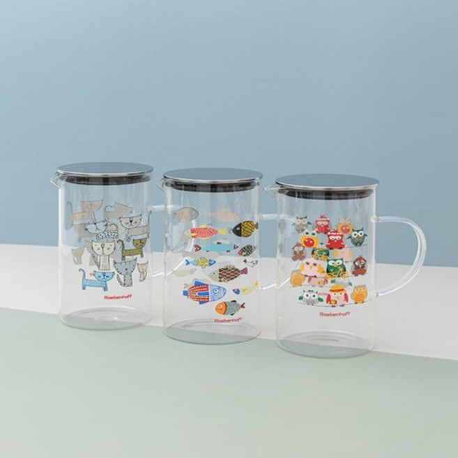 일러스트 내열유리 물병 1200ml 3type, 부엉이