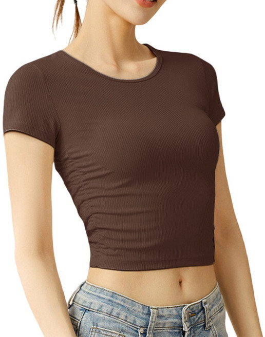 ECUPPER 여성 요가 필라테스 댄스 데일리 베이직 허리 셔링 슬림핏 라운드 골지 니트 크롭 반팔 티셔츠