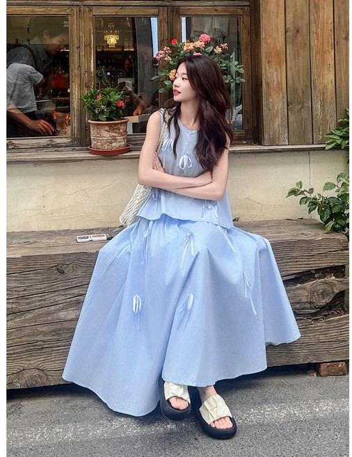 COSYEVNO 여성 스커트 세트 패션 캐쥬얼 리본 민소매 셔츠+롱치마 투피스