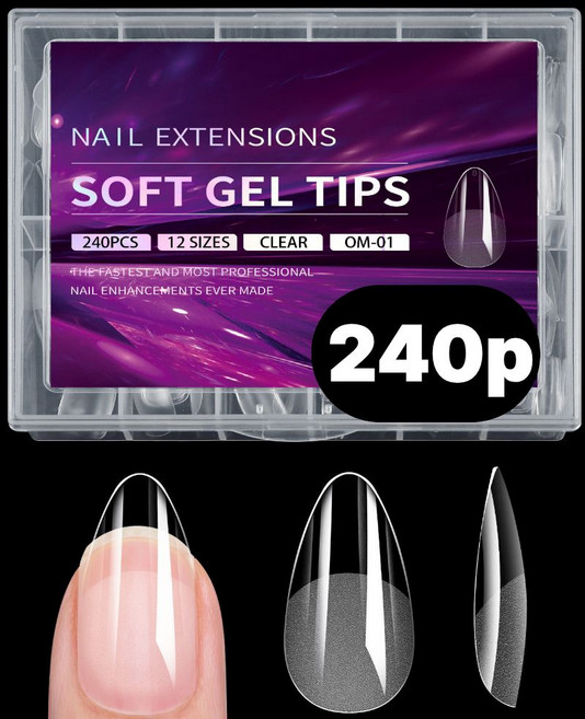 블루빈 인조 손톱 네일 연장 아몬드 팁, 240개, 투명