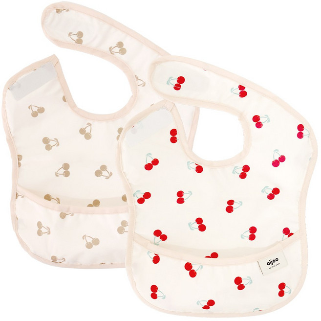 아이주 방수 포켓 이유식턱받이, 1세트, 2개입, C세트 레드체리 + 크림체리