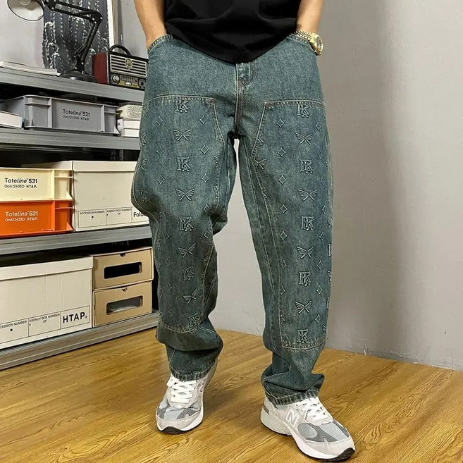 남성 캐주얼 와이드 워싱 데님 팬츠 루즈핏 데일리 슬랙스 빅사이즈 일자핏 통바지 카고팬츠
