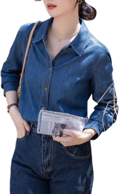 Makone 여성 청남방 워싱 루즈핏 이너 캐주얼 긴소매 데님 셔츠 데일리룩