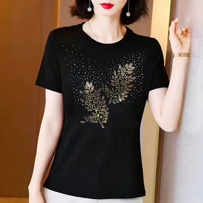 MOSAIRATION 여성 반짝이 큐빅 반팔티 라운드넥 루즈핏 데일리 중년 여성 티셔츠 V022023