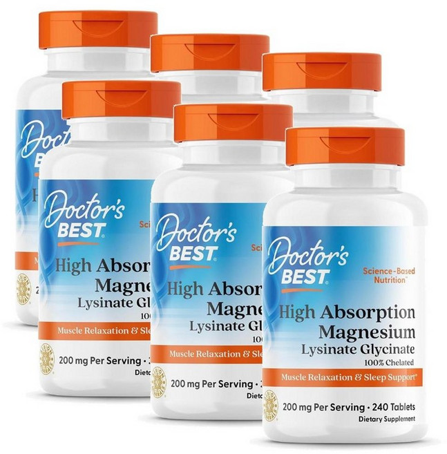 닥터스베스트 마그네슘 킬레이트 200mg Doctor's Best Magnesium Glycinate Lysinate Chelated, 240정, 6개