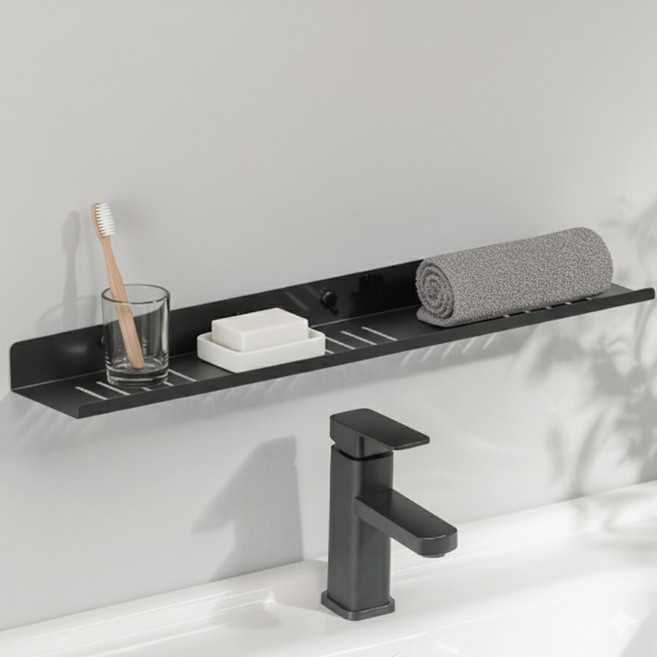 마벨인홈 무타공 세면대 수전 물빠짐 주방 욕실선반 일자형, 블랙