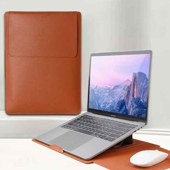 에잇원 높이조절 거치대 겸 가죽 노트북 파우치, 브라운