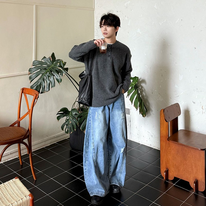 남자 스웨터 크루넥 긴팔 데일리 베이 크루넥 니트 패션 단추 맨투맨 가디건