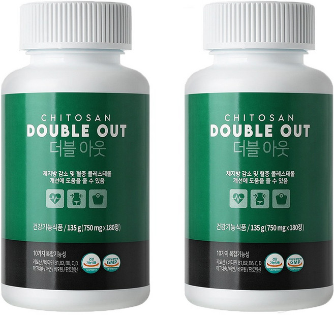 더블아웃 키토산 2통 체지방 감소 다이어트 보조제 키토올리고당, 2개, 180정