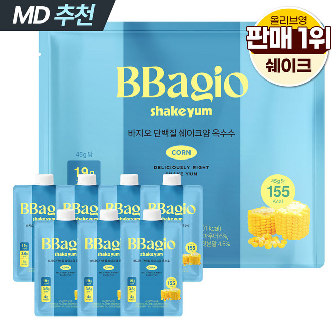 바지오 맛있는 스위트콘맛 단백질 쉐이크 고단백 식사대용 저당 프로틴 프리미엄 단백질 보충제 쉐이크얌 옥수수맛 스윗콘 콘시리얼 스윗콘플레이크맛 식단 다이어트 식이섬유, 7개, 45g