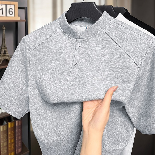 拼接重磅針織半扣領亨利領POLO衫 立領短袖T恤, 淺灰