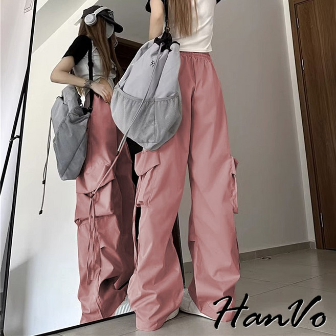 HanVo 雙口帶抽繩直筒工裝長褲 寬褲休閒工作褲