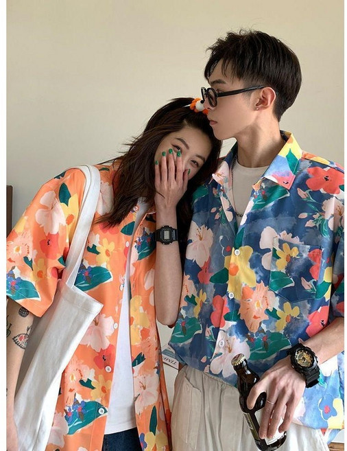 POMTOR 여름 커플 하와이안 셔츠 남녀 공용 반팔 셔츠