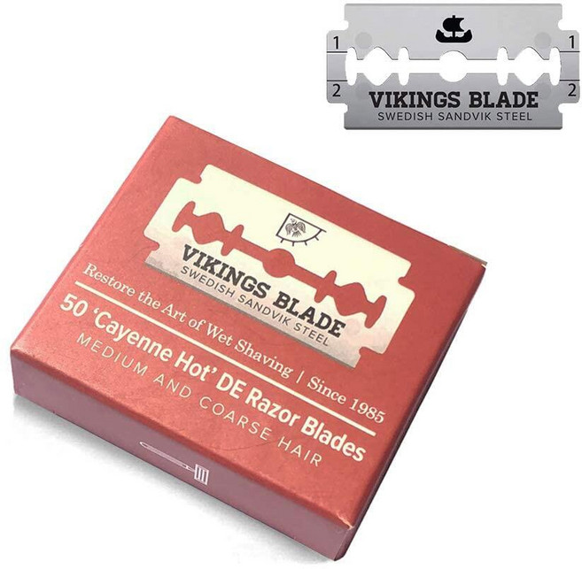 VIKINGS BLADE Double Edge Safety 면도날 블레이드 50개 스웨덴 스틸 + 플래티넘 코팅 교체용 면도날 및 리필 (반 공격성 및 안전), 1개, 세미 어그레시브