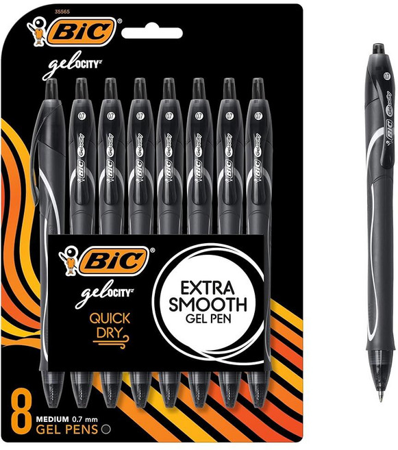 BIC Gelocity 퀵 드라이 블랙 젤 펜 미디엄 포인트 (0.7mm) 8개입 팩 편안한 풀 그립이 있는 접이식 젤 펜