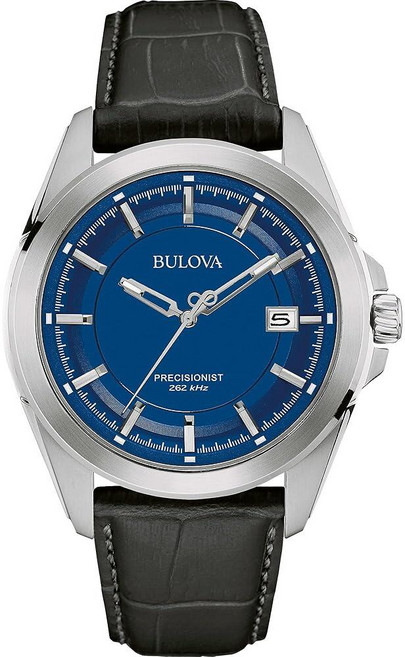 Bulova 남성용 프리시저니스트 3핸드 캘린더 가죽 스트랩 시계 (96B257)