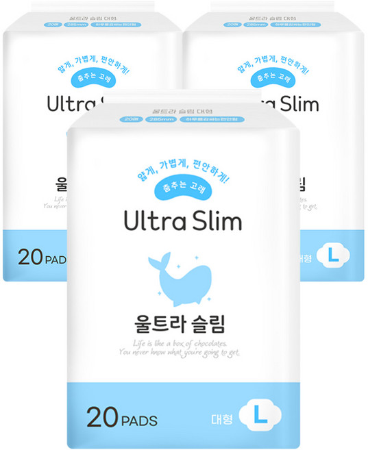 춤추는고래 대용량 슬림 생리대 날개형 총 60매, 대형, 20개입, 3개
