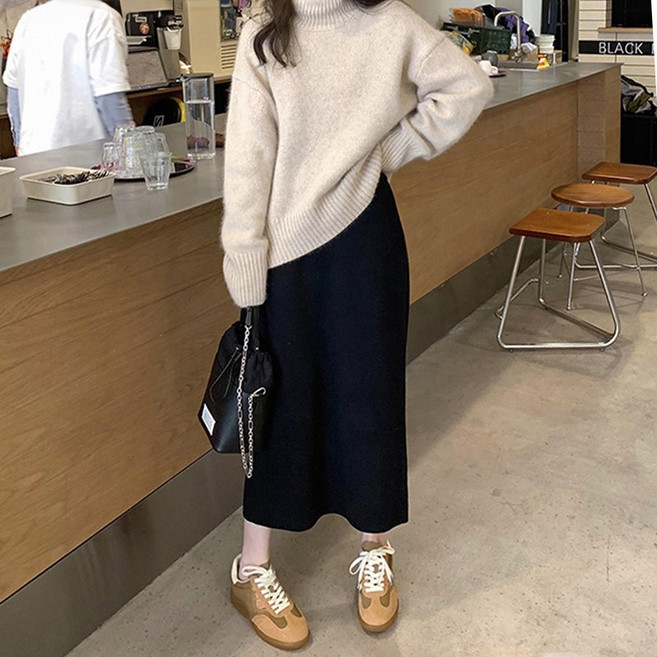 지디오 여성 니트 롱 스커트 봄 밴딩 치마 하이웨스트 스판