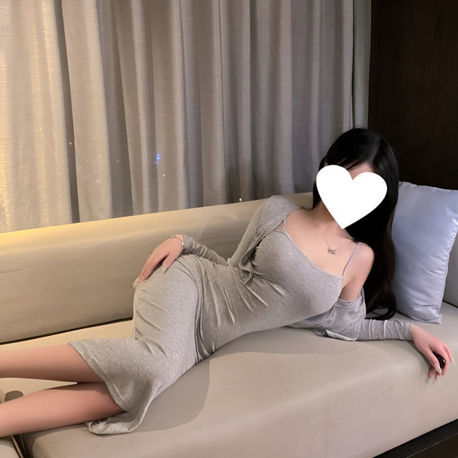 長裙睡衣套裝組 含長袖小外套 條紋背心連身長裙 洋裝 2946