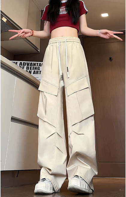 女款高腰機能工裝寬褲 防風防潑水休閒長褲 涼感透氣寬鬆運動褲