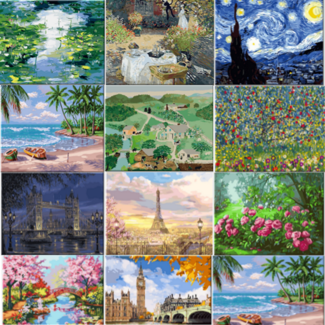 모모픽스페인팅 diy 쉬운 명화그리기 자연 세계 도시 에펠탑 풍경화 50x40 유화 물감 색칠 페인팅 세트, J20 클림트의 해바라기 정원, 1개