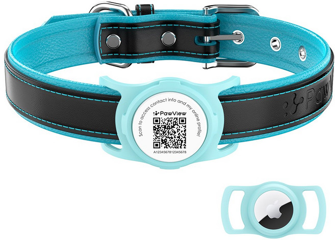 포뷰 초경량 소가죽 강아지 목줄 + 에어태그 게이스, 1세트, 블루+그린
