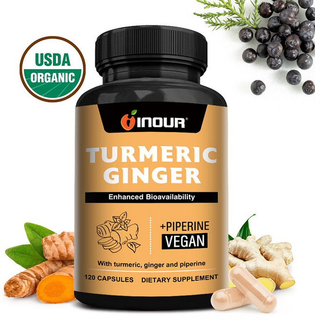 강황 생강 1300mg 고함량 60/120캡슐 강황뿌리 1000mg + 생강가루 300mg + 후추 95% 추출물 고흡수성 복합체 비건 캡슐, 2개, 60정