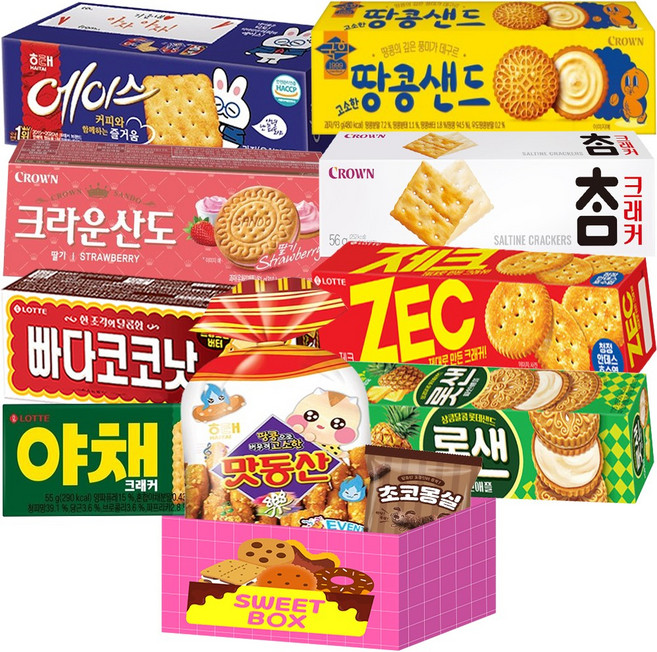 [블루존] 롯데 해태 크라운 오리온 과자 종합선물세트 빠다코코낫 롯데샌드 야채크래커 제크 에이스 크라운산도 딸기맛 땅콩샌드 참크래커 맛동산 오징어땅콩 몽실, 1박스, 혼합