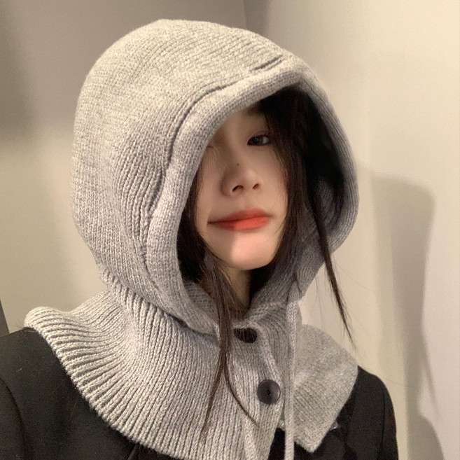 SSOM 니트 후드 바라클라바 겨울 비니 페이크 모자 워머 레이어드 방한, 그레이, 1개