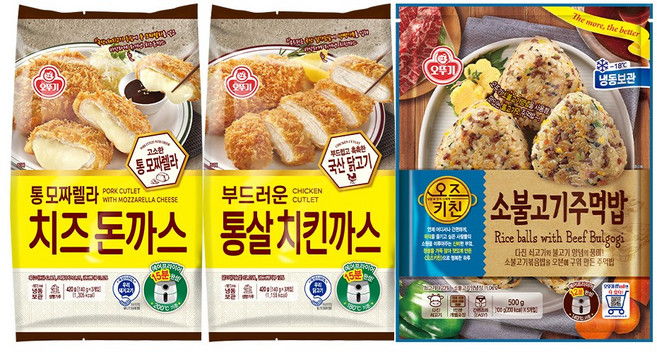 오뚜기 통 모짜렐라 치즈돈까스 420g+부드러운 통살 치킨까스 420g+오즈키친 소불고기주먹밥 500g(총 3개), 1.34kg, 1세트