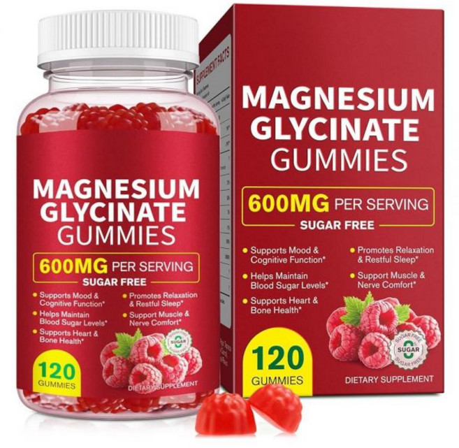마그네슘 글리시네이트 젤리 600MG 여성 남성 및 아동용 고흡수 보충제 - 근육 지원 | 수면 집중력 휴식 무설탕 비건 츄 120개, 120, 1개