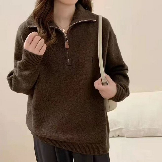 半拉鍊翻領套頭毛衣女 韓系寬鬆百搭針織衫上衣