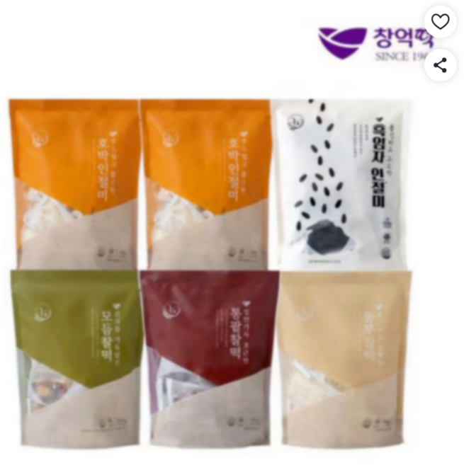 창억모듬떡 5종 6봉(총 60개/호박인절미X2+흑임자인절미+동부찰떡+통팥찰떡+모듬찰떡), 6개, 500g