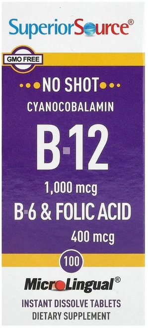 Superior Source Cyanocobalamin B-12 B-6 & Folic Acid 100 MicroLingual® Instant Dissolve Tablet, 1개, 100정 - 쿠팡